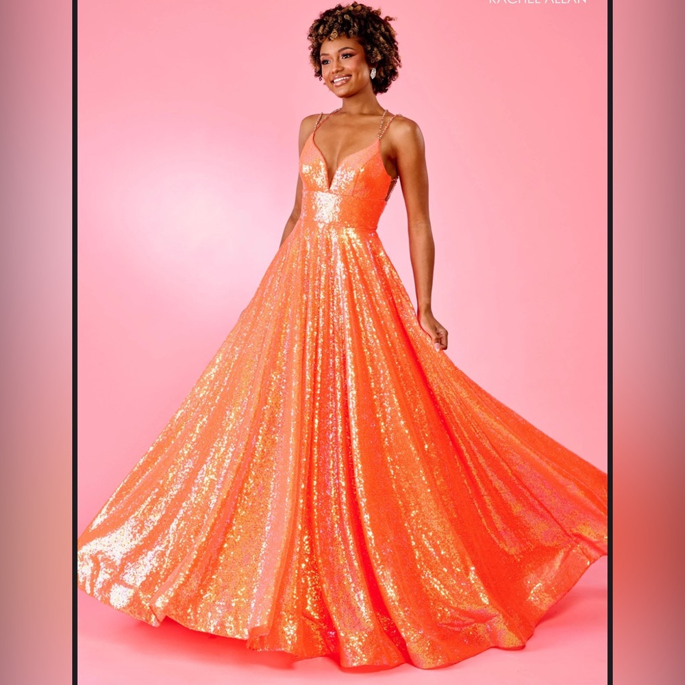 Rachel Allan Orange Sequin Prom Dress